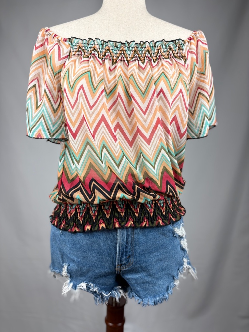 Wrapper Chevron Boho Blouse Off Shoulder Smocked Waist Top Medium